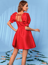 Load image into Gallery viewer, Square Neck Tie Back Puff Sleeve Mini Dress