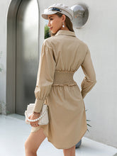 Load image into Gallery viewer, Button Front Frill Trim Smocked Waist Shirt Dress