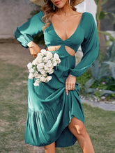 Load image into Gallery viewer, Cutout Ruffle Hem Plunge Midi Dress
