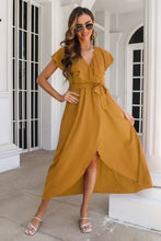 Load image into Gallery viewer, Ruffled Surplice Tie Waist Slit Midi Dress
