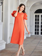 Load image into Gallery viewer, Round Neck Bubble Sleeve Straight Hem Midi Dress