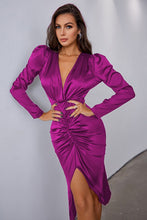 Load image into Gallery viewer, Ruched Tulip Hem Puff Sleeve Plunge Satin Dress