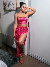 Load image into Gallery viewer, Lace-Up Satin Cropped Cami and Ruched Slit Skirt Set