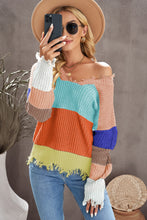 Load image into Gallery viewer, Color Block Distressed V-Neck Ribbed Sweater