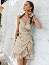 Load image into Gallery viewer, Polka Dot Tie Waist Ruffle Hem Mini Wrap Dress