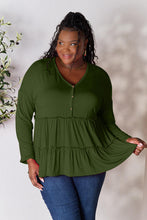 Load image into Gallery viewer, Double Take Half Button Long Sleeve Ruffle Hem Blouse