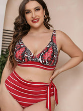 Load image into Gallery viewer, Full Size Botanical Print Striped Bikini Set