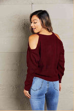 Load image into Gallery viewer, Double Take Round Neck Cold-Shoulder Ribbed Sweater