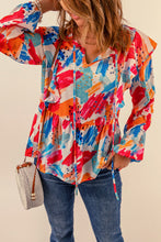 Load image into Gallery viewer, Brush Stroke Ruffled Tie Neck Blouse