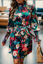 Load image into Gallery viewer, Printed Tied Lantern Sleeve Mini Dress