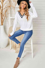 Load image into Gallery viewer, Contrast Detail V-Neck Dropped Shoulder Knit Pullover