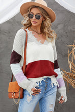 Load image into Gallery viewer, Color Block Distressed V-Neck Ribbed Sweater