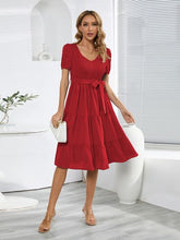 Load image into Gallery viewer, Smocked Tie Front Short Sleeve Tiered Dress
