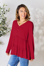 Load image into Gallery viewer, Double Take Half Button Long Sleeve Ruffle Hem Blouse
