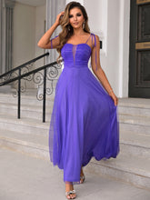 Load image into Gallery viewer, Tie Shoulder Ruched Mesh Overlay Maxi Dress