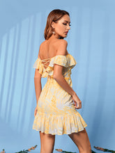 Load image into Gallery viewer, Printed Off-Shoulder Lace-Up Ruffle Hem Mini Dress