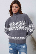 Load image into Gallery viewer, Zip-Up Geometrical Pattern Pullover Sweater
