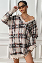 Load image into Gallery viewer, Plaid V-Neck Long Sleeve Sweater Dress