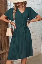 Load image into Gallery viewer, Buttoned V-Neck Flutter Sleeve Pleated Dress