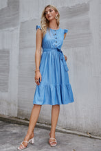 Load image into Gallery viewer, Half Button Tie Waist Flutter Sleeve Midi Dress