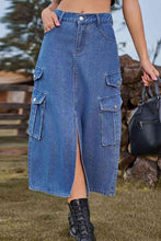 Load image into Gallery viewer, Slit Front Midi Denim Skirt with Pockets