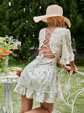 Load image into Gallery viewer, Printed Frill Trim Lace-Up Flare Sleeve Mini Dress