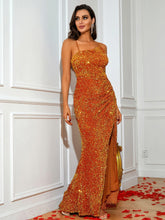 Load image into Gallery viewer, Sequin Asymmetrical Neck Zip-Back Split Dress