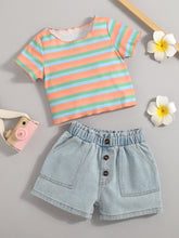 Load image into Gallery viewer, Girls Striped T-Shirt and Button Fly Denim Shorts