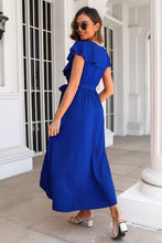 Load image into Gallery viewer, Ruffled Surplice Tie Waist Slit Midi Dress