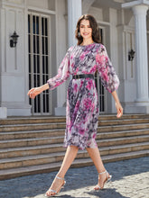 Load image into Gallery viewer, Floral Print Round Neck Balloon Sleeve Midi Dress