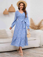 Load image into Gallery viewer, Smocked V-Neck Tie Belt Dress
