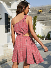 Load image into Gallery viewer, Grid One-Shoulder Tied Cutout Dress
