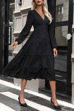 Load image into Gallery viewer, Tiered Ruched Button Up Midi Dress