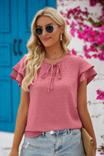Load image into Gallery viewer, Swiss Dot Tie-Neck Flutter Sleeve Blouse