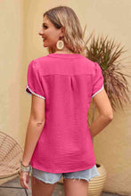 Load image into Gallery viewer, Contrast Trim Pom-Pom Detail Notched Neck Blouse