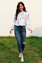 Load image into Gallery viewer, Floral Smocked Balloon Sleeve Round Neck Blouse