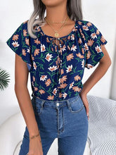 Load image into Gallery viewer, Floral Tie Neck Flutter Sleeve Blouse
