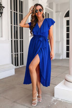 Load image into Gallery viewer, Ruffled Surplice Tie Waist Slit Midi Dress