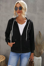 Load image into Gallery viewer, Distressed Zip Up Drawstring Detail Hoodie