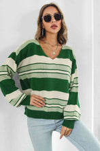 Load image into Gallery viewer, Striped V-Neck Dropped Shoulder Sweater