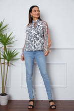 Load image into Gallery viewer, Tassel Tie Neck Printed Smocked Long Sleeve Blouse