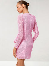 Load image into Gallery viewer, Sequined Puff Sleeve Ruffled Mini Wrap Dress