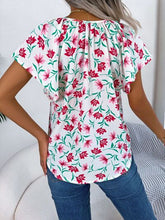 Load image into Gallery viewer, Floral Tie Neck Flutter Sleeve Blouse