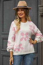 Load image into Gallery viewer, Floral Print Round Neck Dropped Shoulder Pullover Sweater