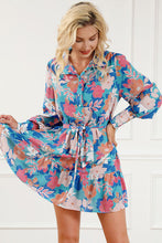 Load image into Gallery viewer, Floral Tie Waist Lantern Sleeve Ruffled Hem Mini Dress