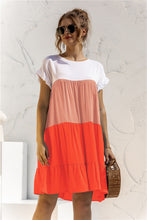 Load image into Gallery viewer, Color Block Round Neck Ruffle Hem Dress
