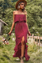 Load image into Gallery viewer, Polka Dot Strapless Slit Ruffled Maxi Dress