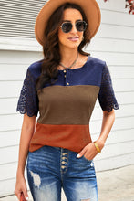 Load image into Gallery viewer, Color Block Spliced Lace Buttoned Tee