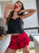 Load image into Gallery viewer, Two-Tone Cropped Cami and Ruffle Hem Satin Pajama Set