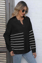 Load image into Gallery viewer, Ribbed Notched Neck Striped Long Sleeve Sweater